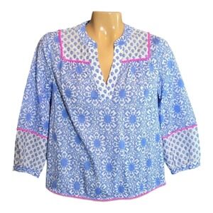 Vineyard Vines Womens Blouse Top Blue White XS 100% Cotton Pom Pom Trim Boho